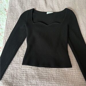 Babaton Black Ribbed Long-Sleeve Sweetheart Neck Top